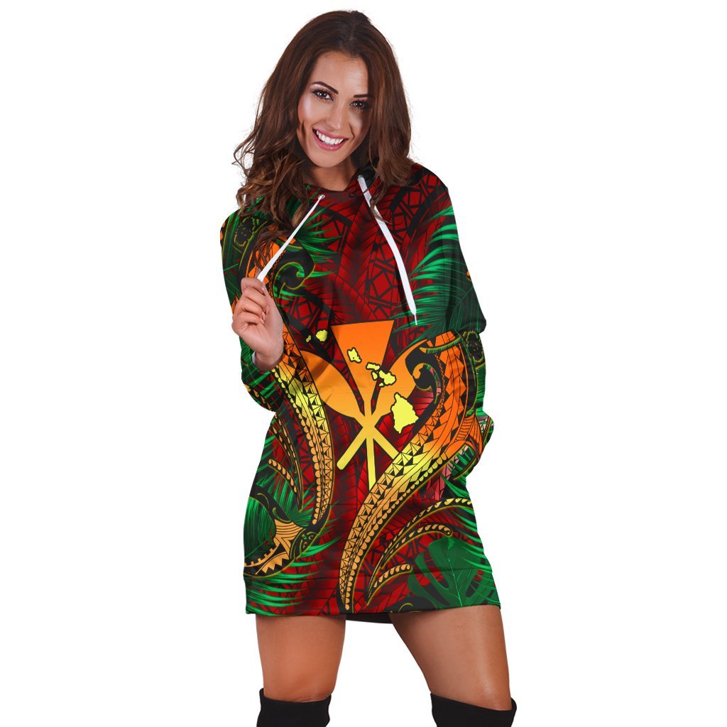 Hawaii Shark Polynesian Tropical Hoodie Dress - Red - AH - Polynesian Pride