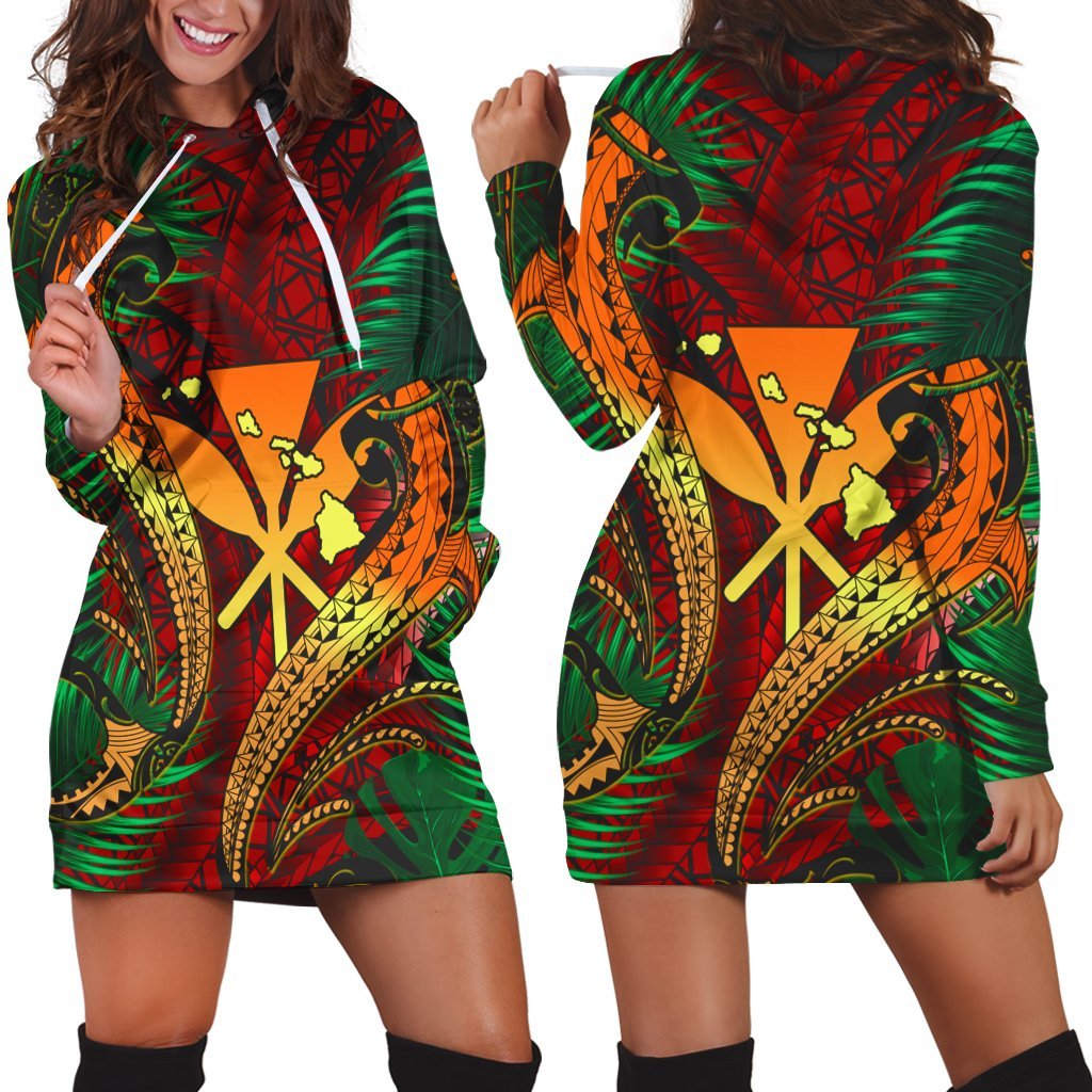 Hawaii Shark Polynesian Tropical Hoodie Dress - Red - AH Black - Polynesian Pride