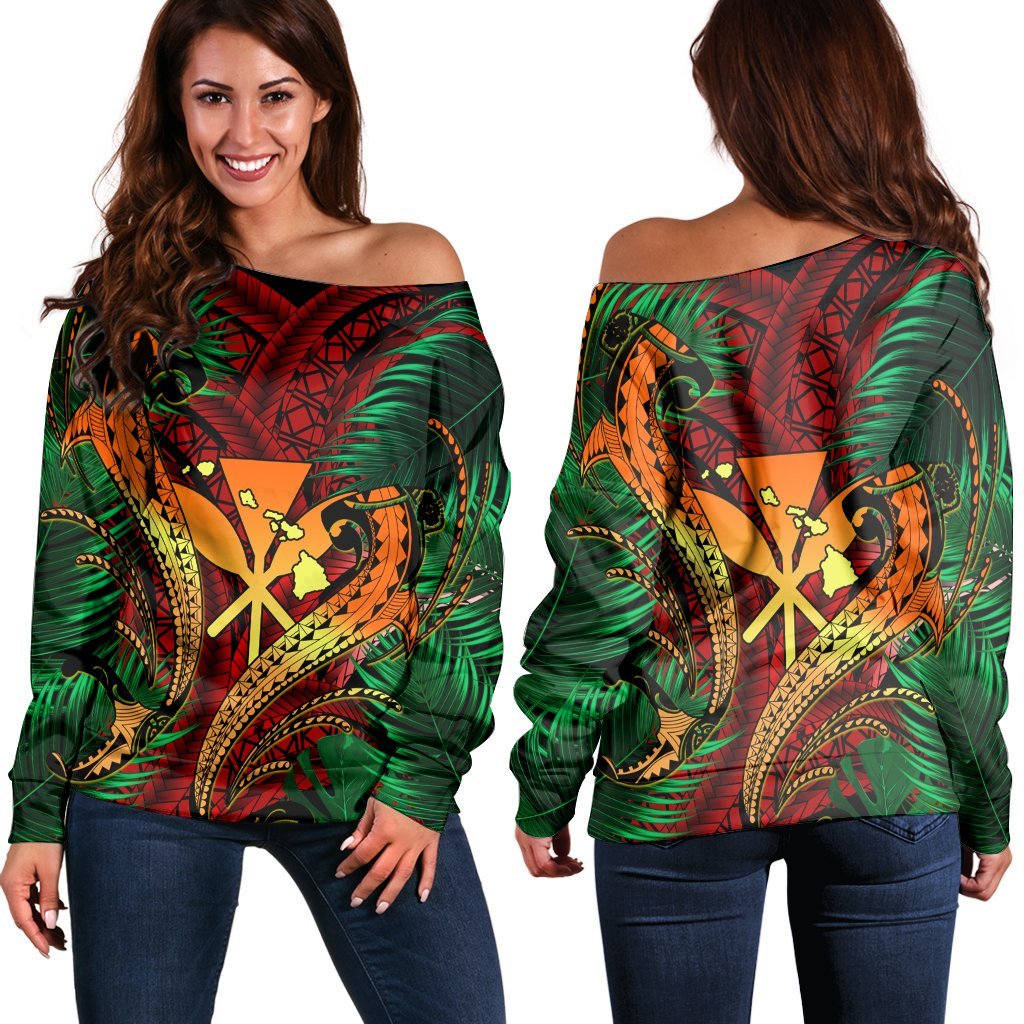 Hawaii Shark Polynesian Tropical Women's Off Shoulder Sweater - Red - AH Black - Polynesian Pride