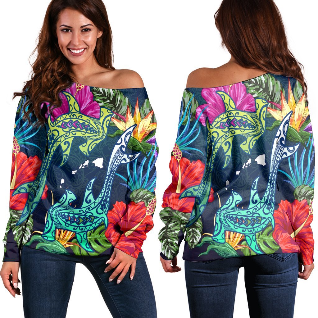 Hawaii Shark Tropical Color Women's Off Shoulder Sweater - AH Black - Polynesian Pride