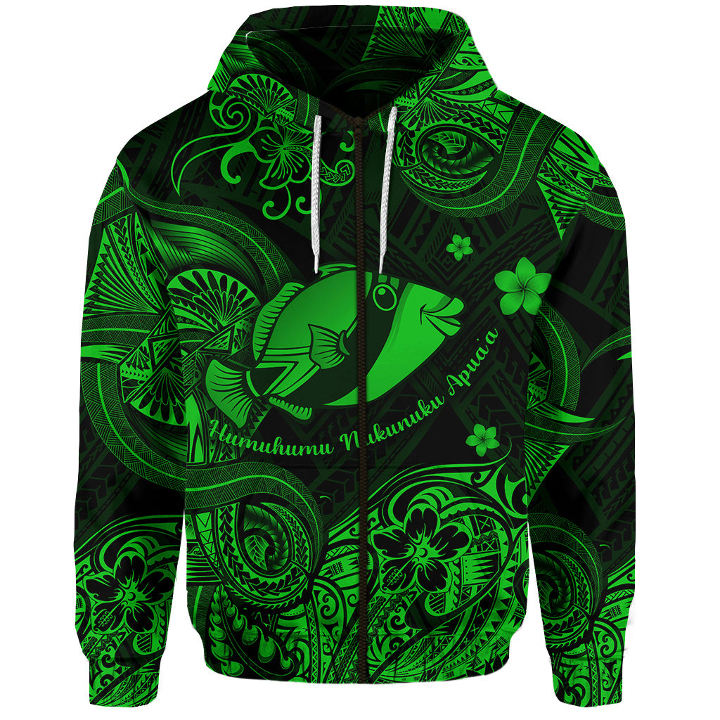 Custom Hawaii State Fish: Humuhumu Nukunuku Apuaa Polynesian Zip Hoodie Unique Style Green LT8 - Polynesian Pride