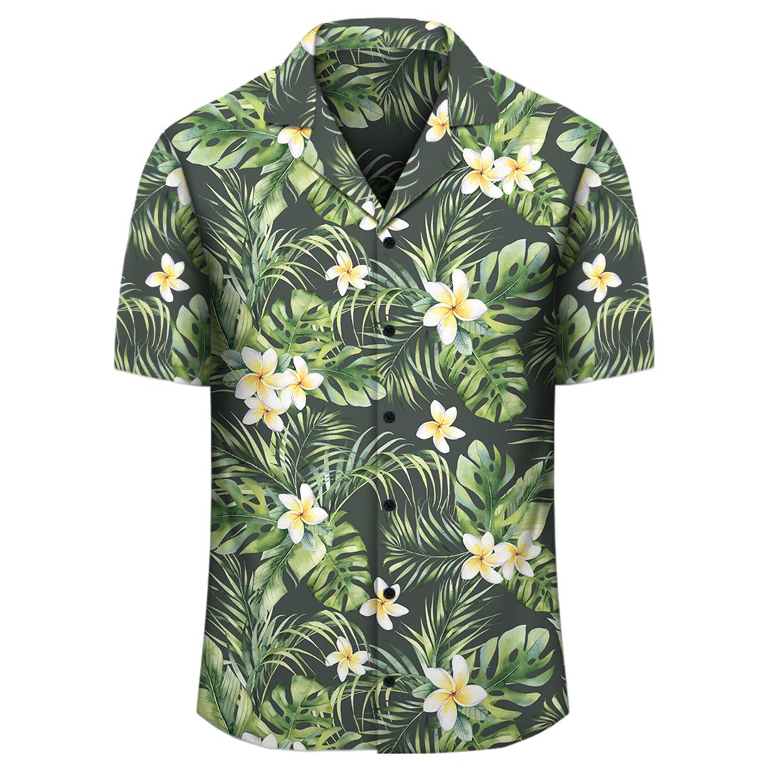Hawaii Summer Plumerias Flowers Palm Tree Monstera Leaves Hawaiian Shirt - Polynesian Pride