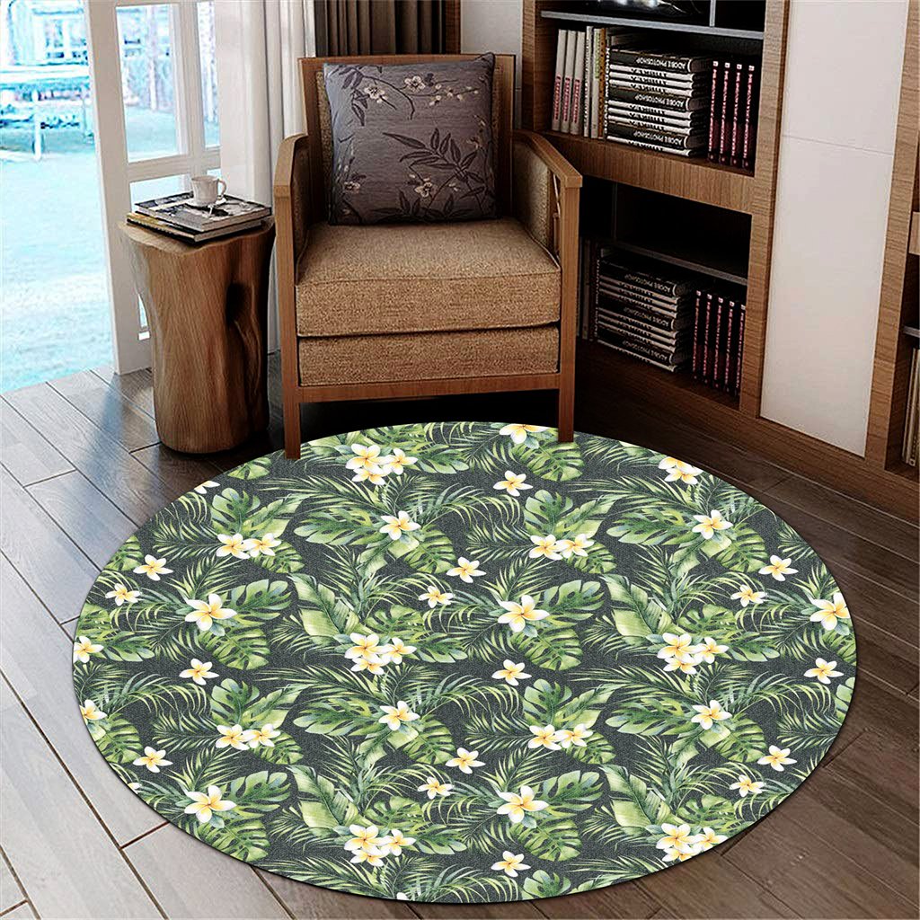 Hawaii Summer Plumerias Flowers Palm Tree Monstera Leaves. Round Carpet - AH Round Carpet Luxurious Plush - Polynesian Pride