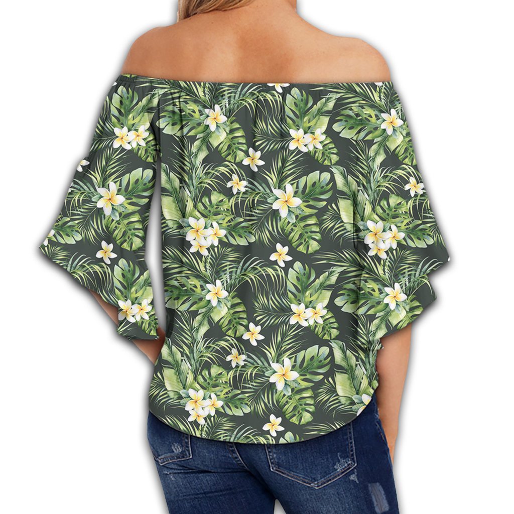 Hawaii Summer Plumerias Flowers Palm Tree Monstera Leaves. Women's Off Shoulder Wrap Waist Top - AH - Polynesian Pride