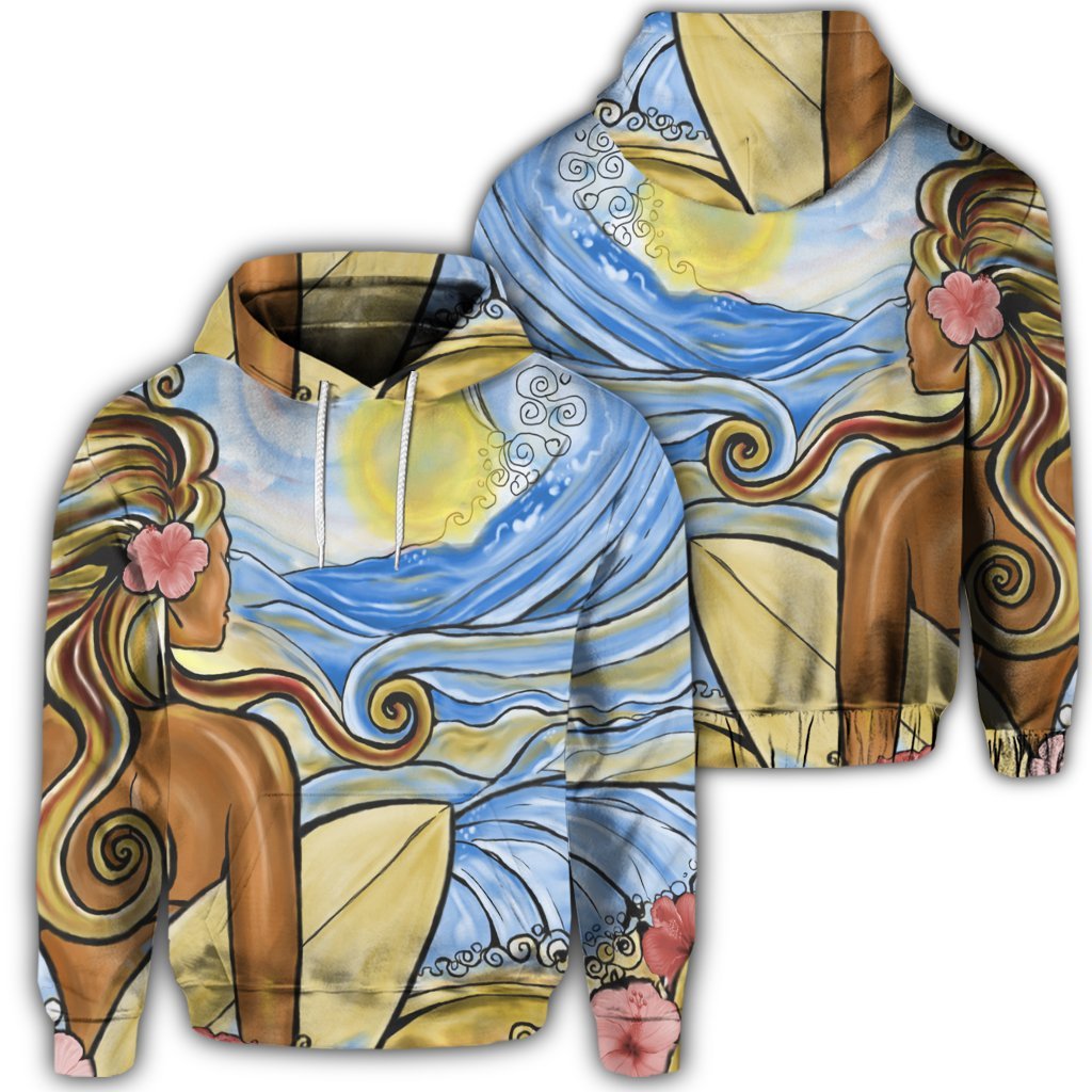 Hawaiian The Girl Surfing Wave Hoodie Unisex Art - Polynesian Pride