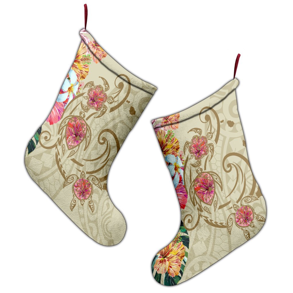 Hawaii Triple Marble Turtle Polynesian Hibiscus Christmas Stocking - AH - Benjamin Style - Beige - Polynesian Pride
