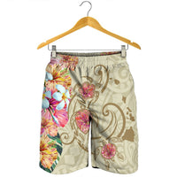 Hawaii Triple Marble Turtle Polynesian Hibiscus Men's Shorts - AH - Benjamin Style - Beige - Polynesian Pride