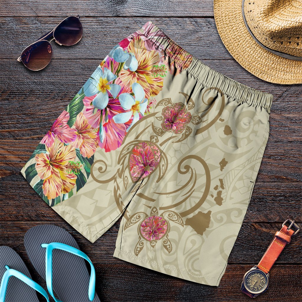 Hawaii Triple Marble Turtle Polynesian Hibiscus Men's Shorts - AH - Benjamin Style - Beige Art - Polynesian Pride