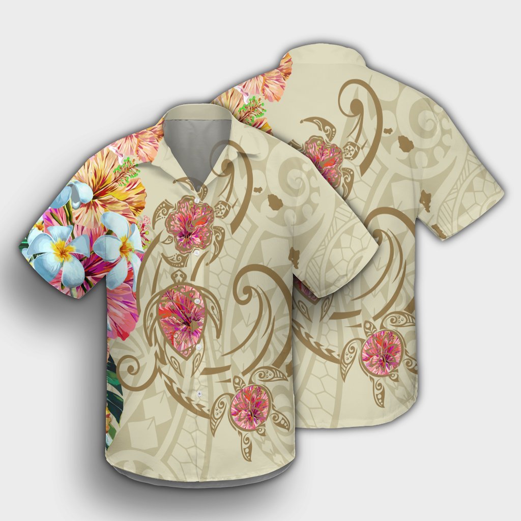 Hawaii Triple Marble Turtle Polynesian Hibiscus Hawaiian Shirt - AH - Benjamin Style - Beige - Polynesian Pride