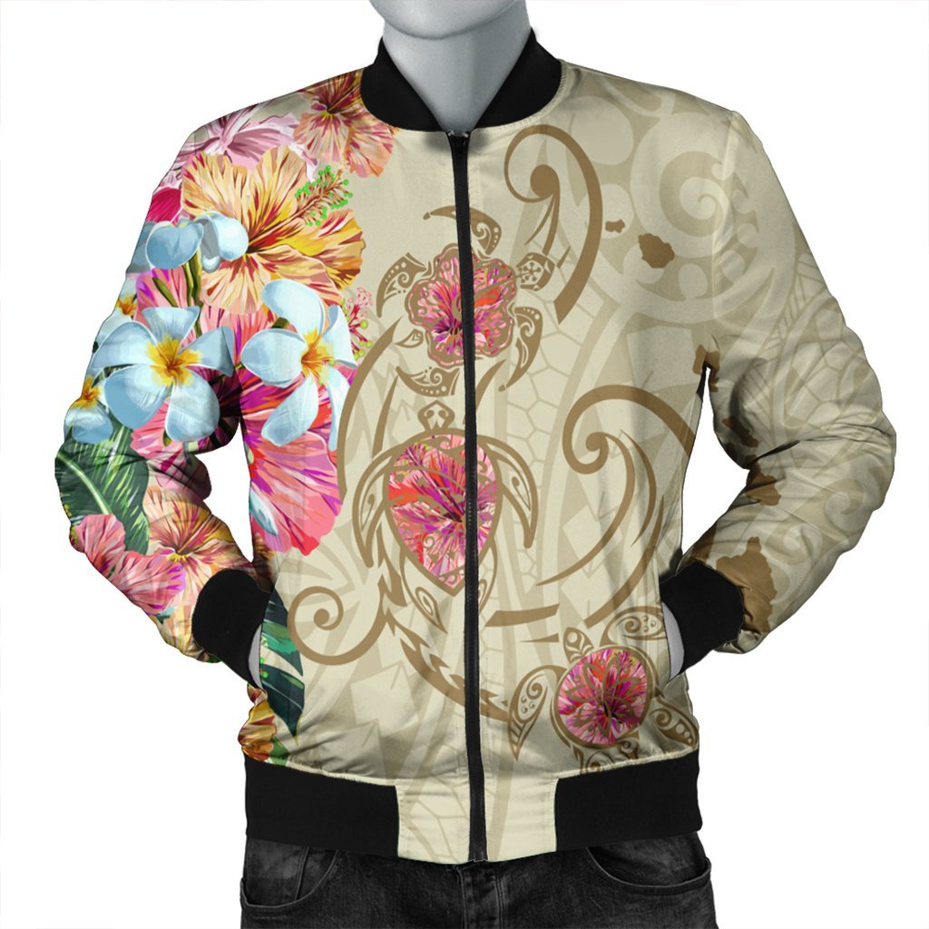 Hawaii Triple Marble Turtle Polynesian Hibiscus Bomber Jacket - AH - Benjamin Style - Beige Black Unisex - Polynesian Pride