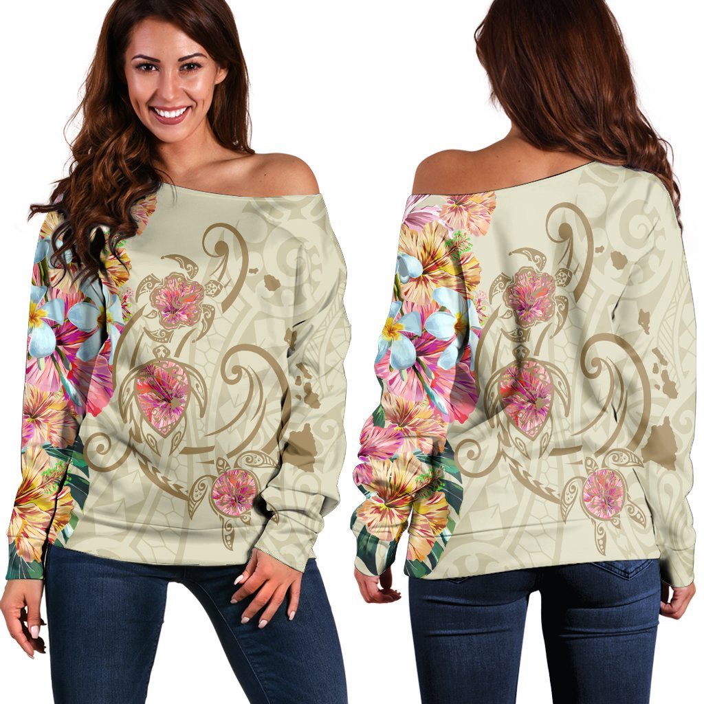 Hawaii Triple Marble Turtle Polynesian Hibiscus Women's Off Shoulder Sweater - AH - Benjamin Style - Beige Black - Polynesian Pride