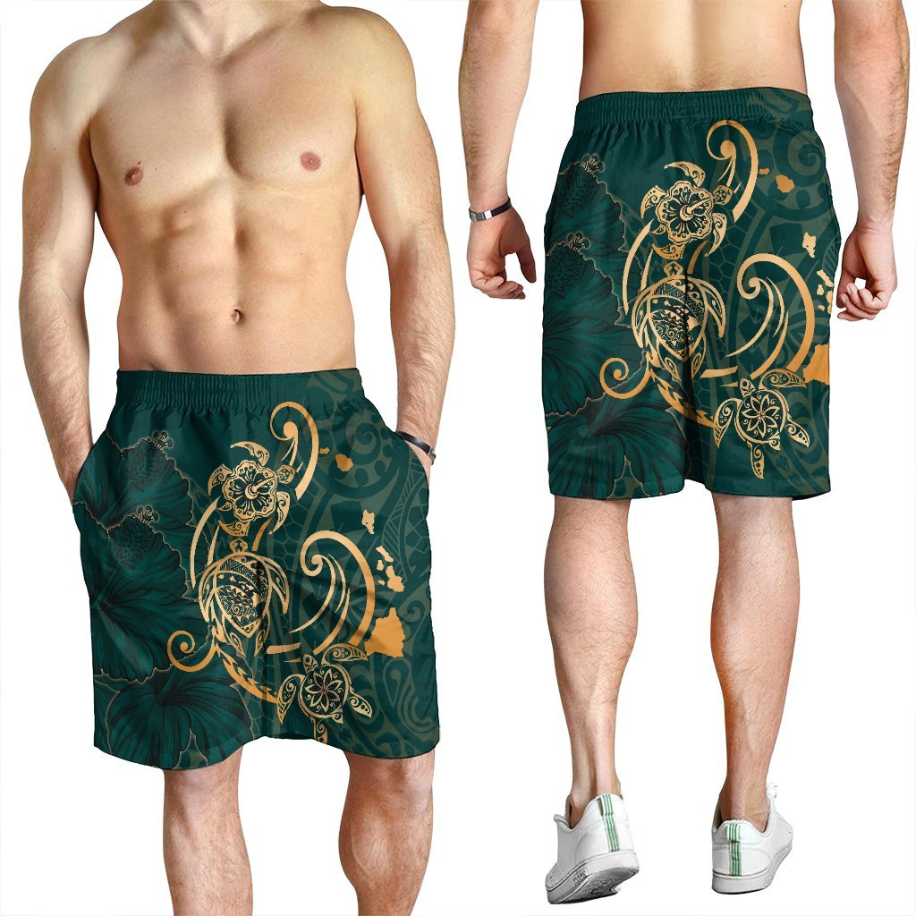 Hawaii Triple Marble Turtle Polynesian Hibiscus Men's Shorts - AH - Benjamin Style - Green - Polynesian Pride