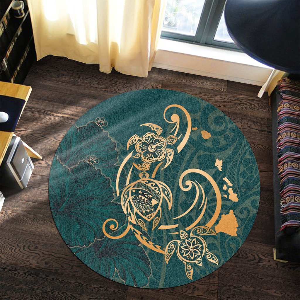 Hawaii Triple Marble Turtle Polynesian Hibiscus Round Carpet - AH - Benjamin Style - Green - Polynesian Pride