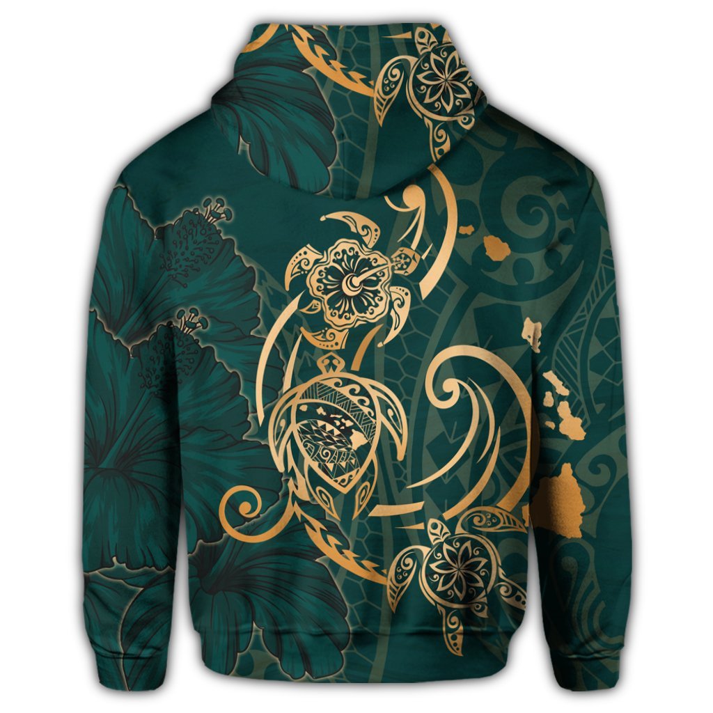 Hawaii Triple Marble Turtle Polynesian Hibiscus Zip Hoodie Benjamin Style Green - Polynesian Pride