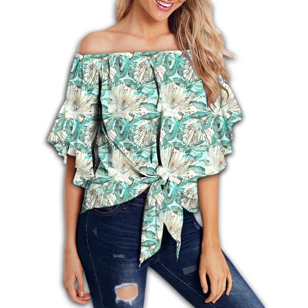 Hawaii Tropical Blue Women's Off Shoulder Wrap Waist Top - AH - Polynesian Pride