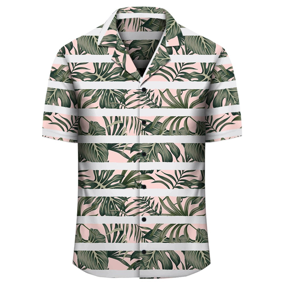 Hawaii Tropical Dark Green Leaves Seamless Pattern White Stripes Pink Background Hawaiian Shirt - Polynesian Pride