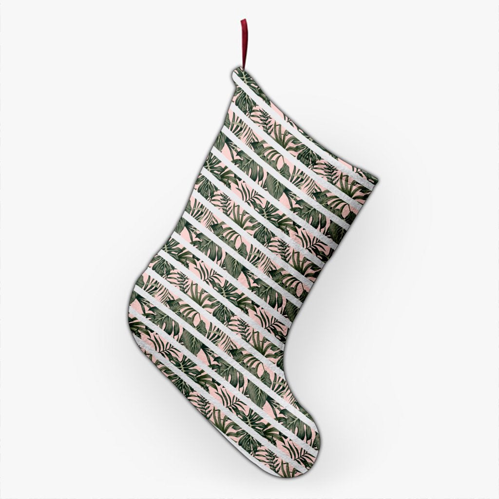 Hawaii Tropical Dark Green Leaves Seamless Pattern White Stripes Pink Background Christmas Stocking 26 X 42 cm Black Christmas Stocking - Polynesian Pride