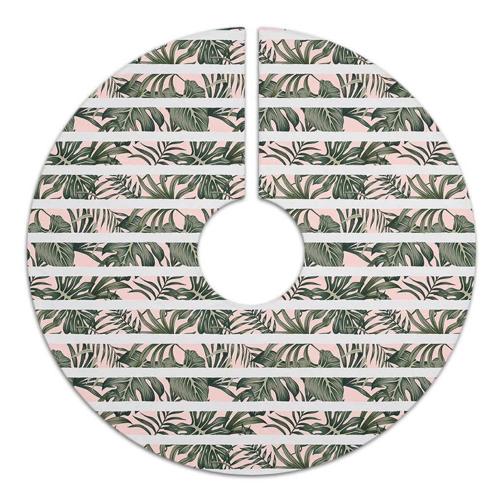 Hawaii Tropical Dark Green Leaves Seamless Pattern White Stripes Pink Background Tree Skirt - Polynesian Pride