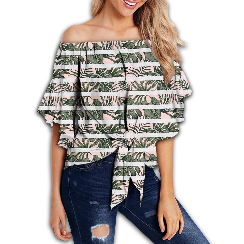 Hawaii Tropical Dark Green Leaves Seamless Pattern White Stripes Pink Background Women's Off Shoulder Wrap Waist Top - AH - Polynesian Pride