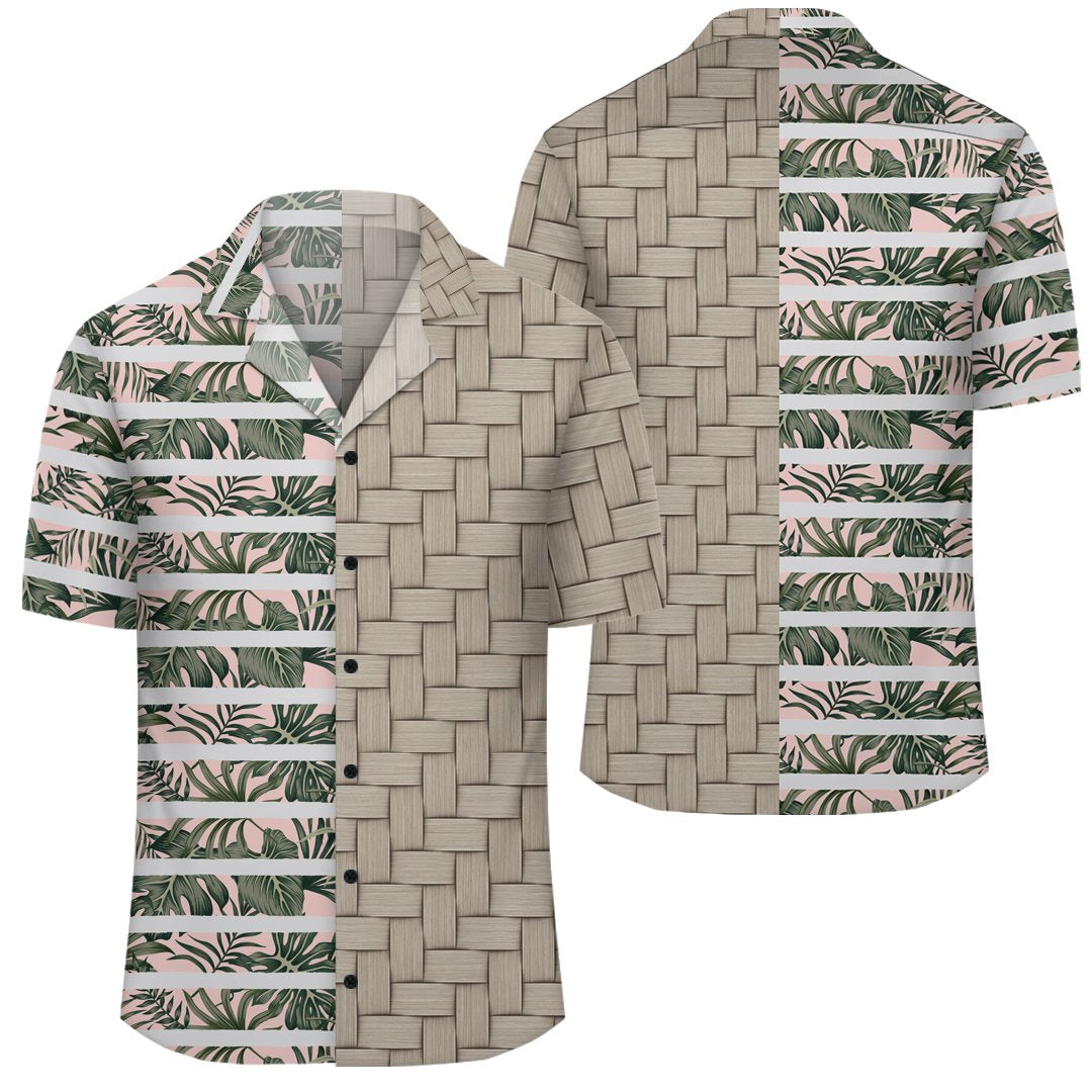 Hawaii Tropical Dark Green Leaves Seamless Pattern White Stripes Pink Background Lauhala Moiety Hawaiian Shirt Unisex Art - Polynesian Pride