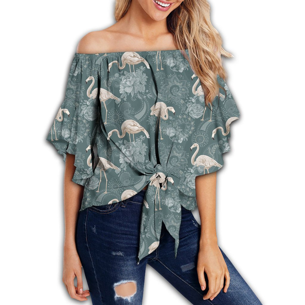 Hawaii Tropical Flamingos And Tropical Plants Women's Off Shoulder Wrap Waist Top - AH - Polynesian Pride