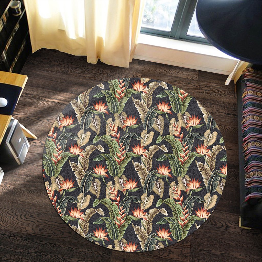 Hawaii Tropical Floral Vintage Strelitzia Flower Banana Leaves Round Carpet - AH - Polynesian Pride