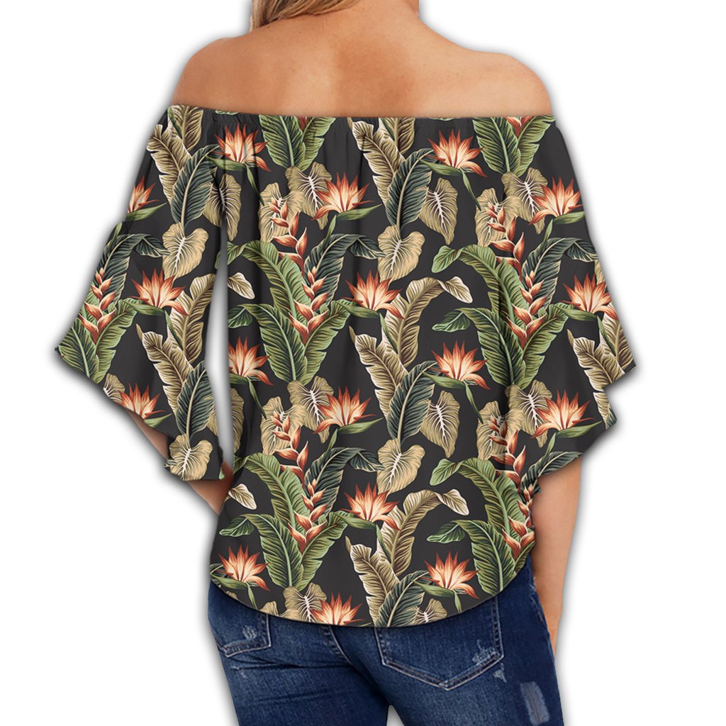 Hawaii Tropical Floral Vintage Strelitzia Flower Banana Leaves Women's Off Shoulder Wrap Waist Top - AH - Polynesian Pride