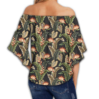 Hawaii Tropical Floral Vintage Strelitzia Flower Banana Leaves Women's Off Shoulder Wrap Waist Top - AH - Polynesian Pride