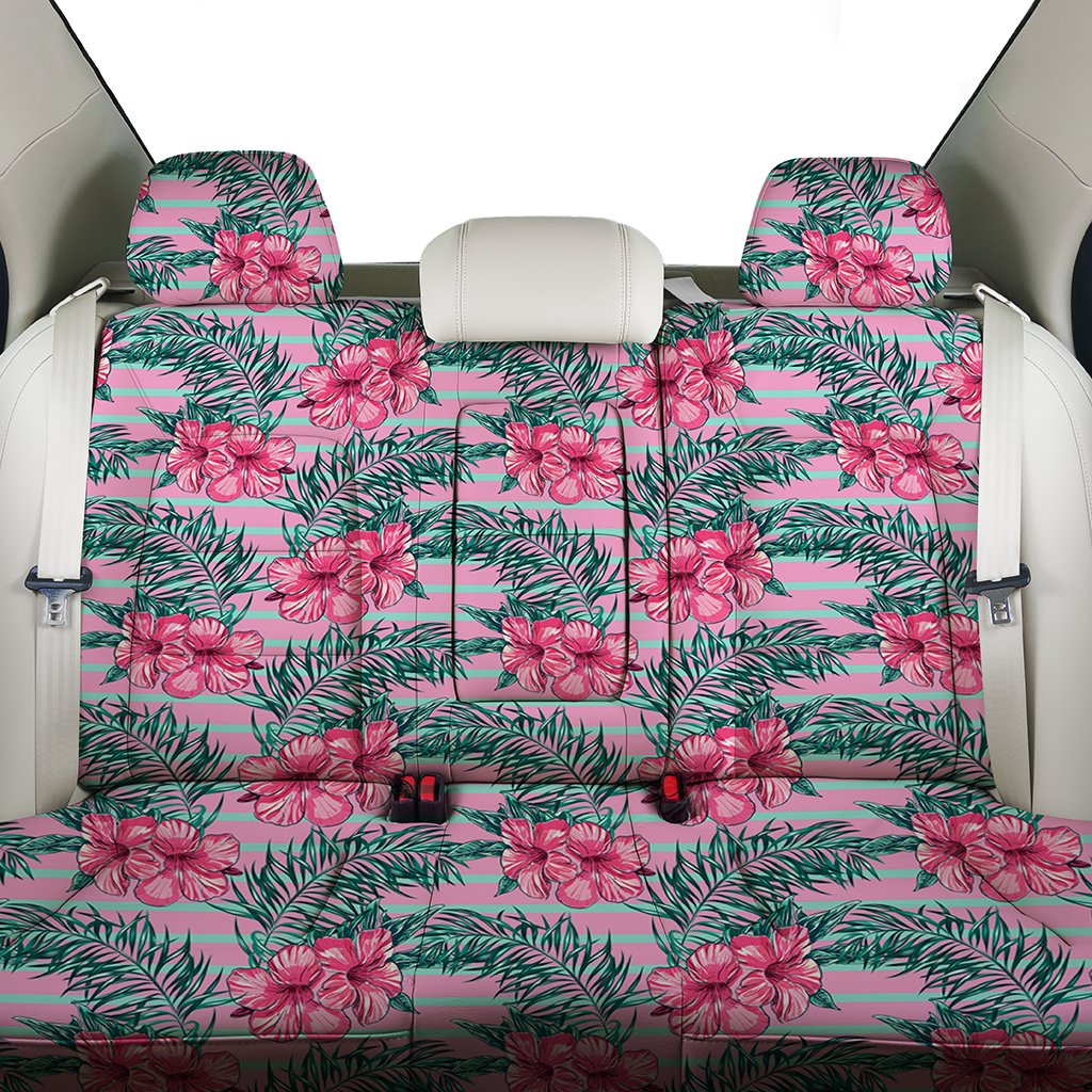 Hawaii Tropical Flowers Palm Leaves Hibiscus Strips Back Seat Cover - Polynesian Pride