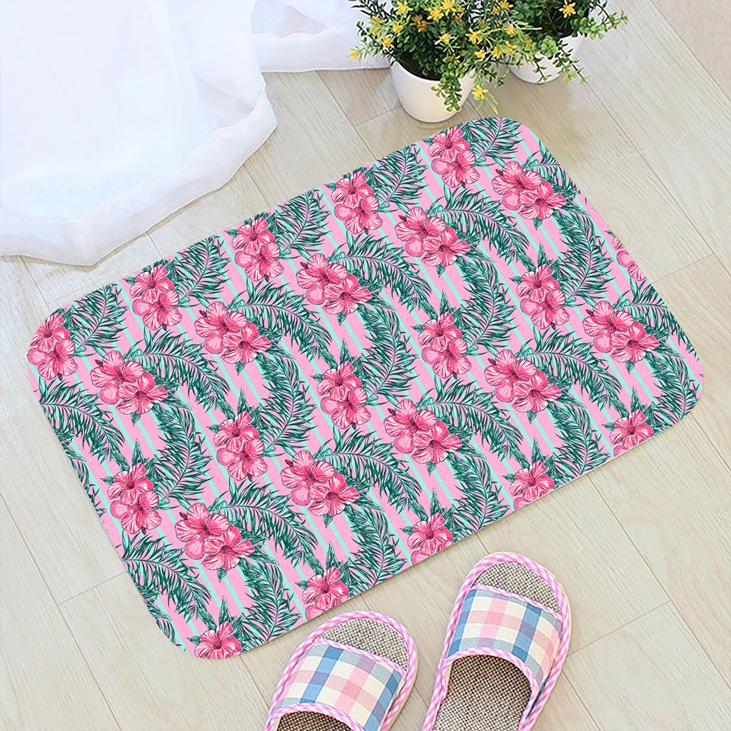 Hawaii Tropical Flowers Palm Leaves Hibiscus Strips Hawaii Door Mat - Polynesian Pride