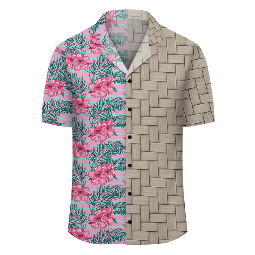 Hawaii Tropical Flowers Palm Leaves Hibiscus Strips Lauhala Moiety Hawaiian Shirt - Polynesian Pride