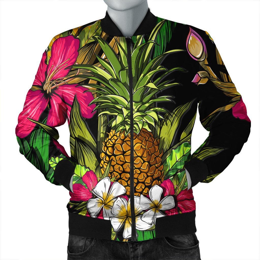 Hawaii Tropical Flowers Pineapple Bomber Jacket - AH Black Unisex - Polynesian Pride