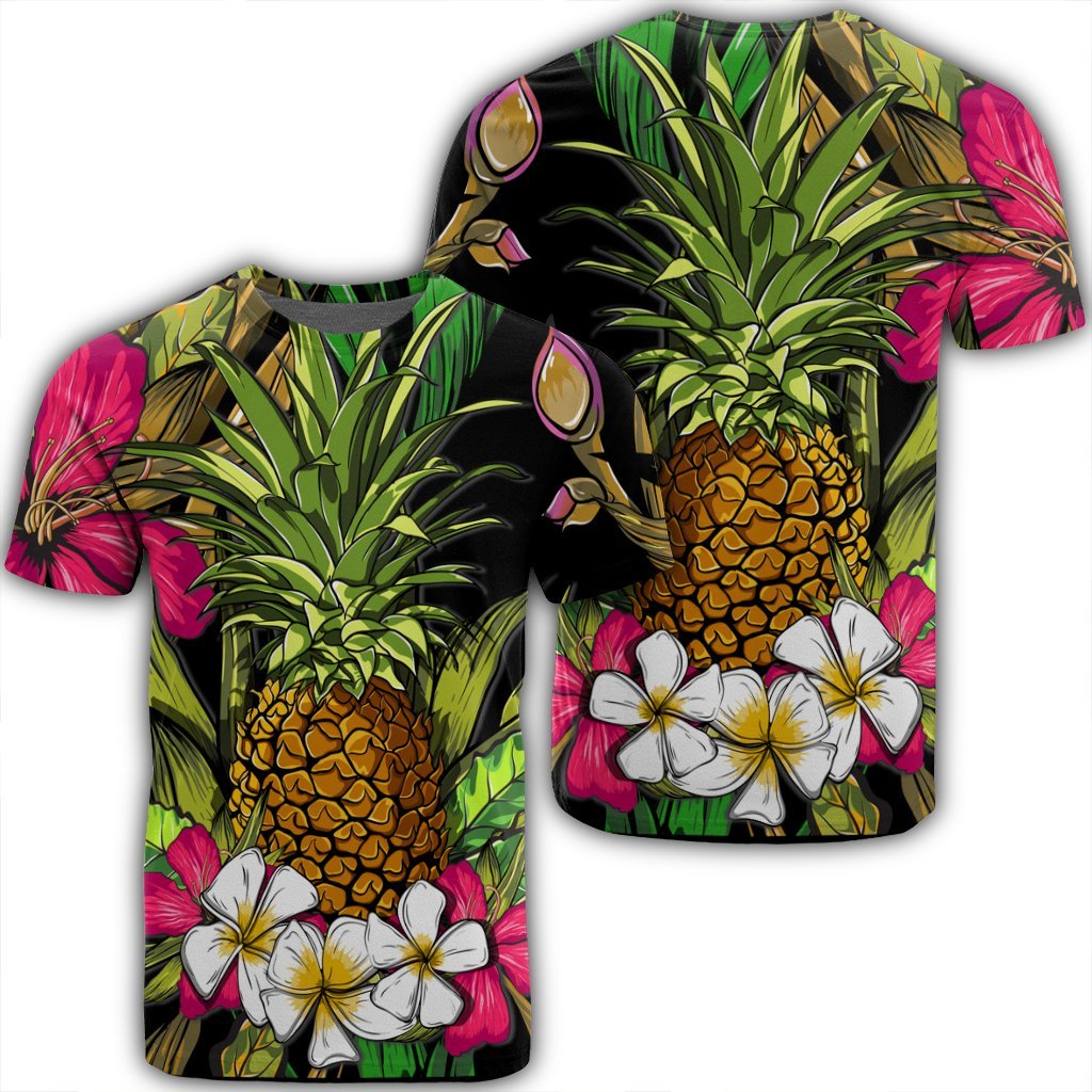 Hawaii Tropical Flowers Pineapple T Shirt Unisex Black - Polynesian Pride