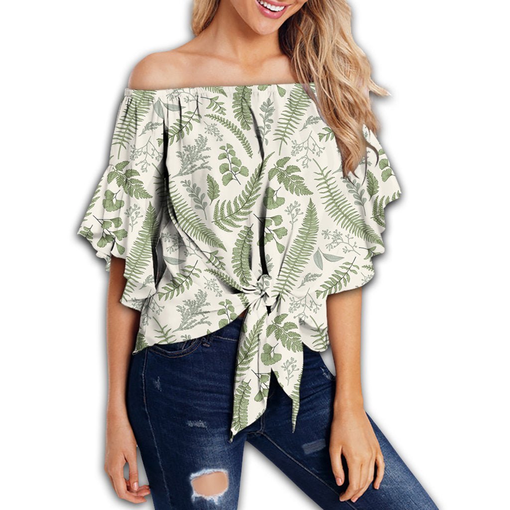 Hawaii Tropical Green Pattern Women's Off Shoulder Wrap Waist Top - AH - Polynesian Pride