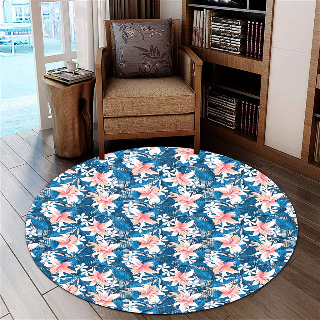 Hawaii Tropical Hibiscus Blue Round Carpet - AH Round Carpet Luxurious Plush - Polynesian Pride