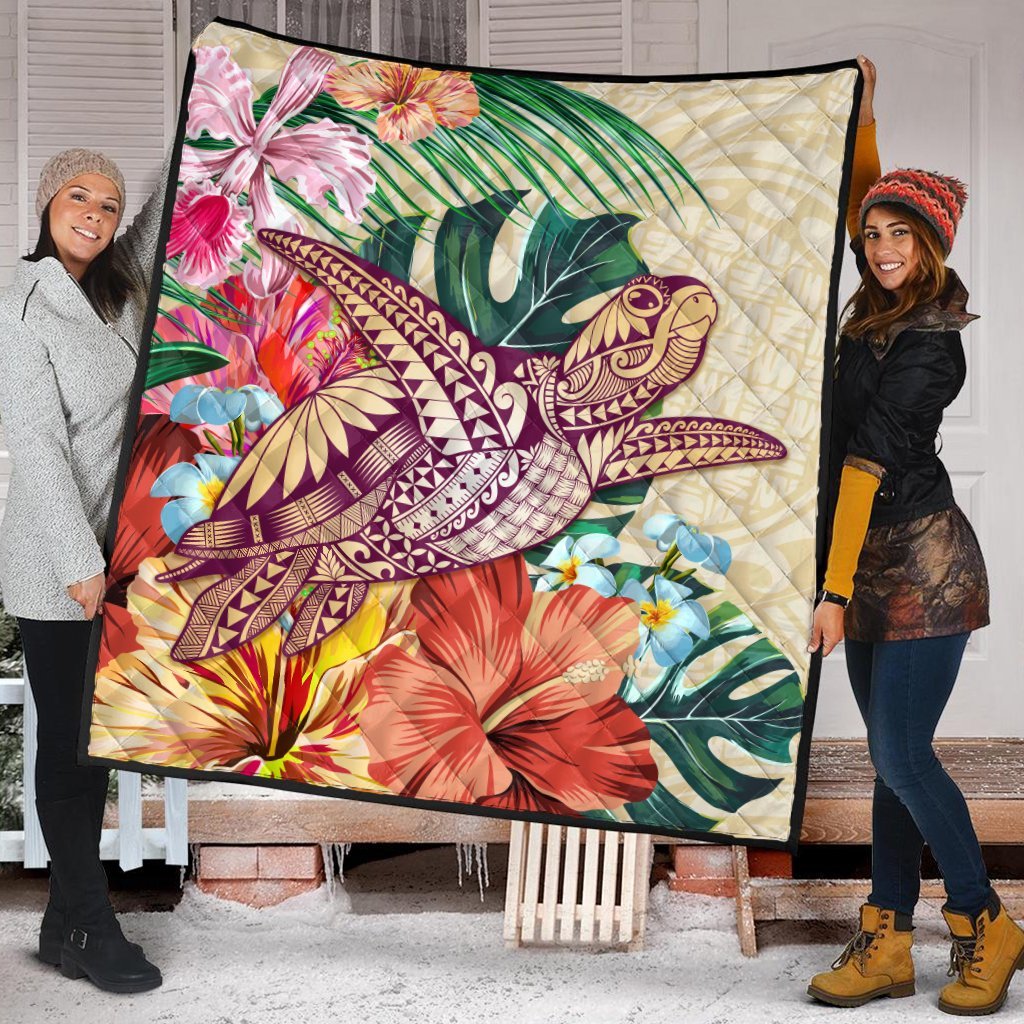 Hawaii Tropical Hibiscus Turtle Beige Premium Quilts - AH - Polynesian Pride
