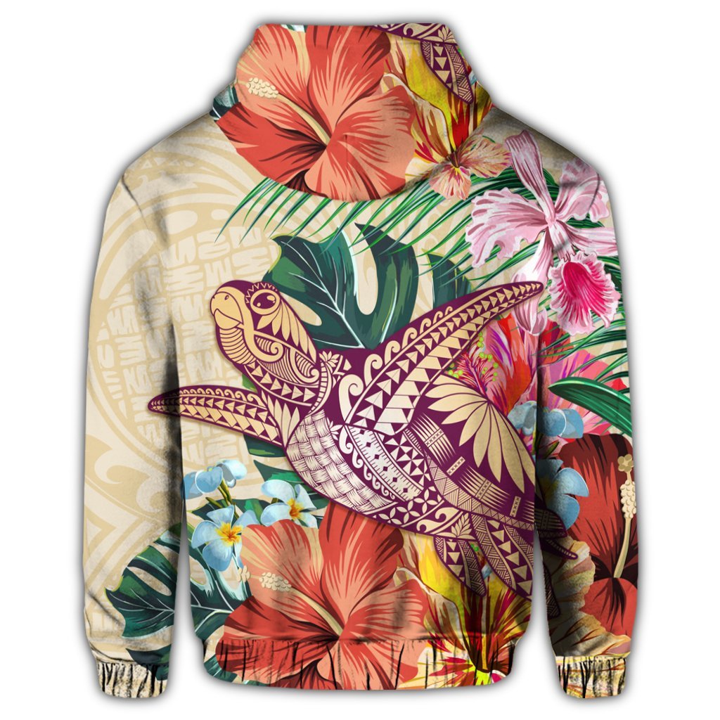 Hawaii Tropical Hibiscus Turtle Beige Zip Hoodie - Polynesian Pride