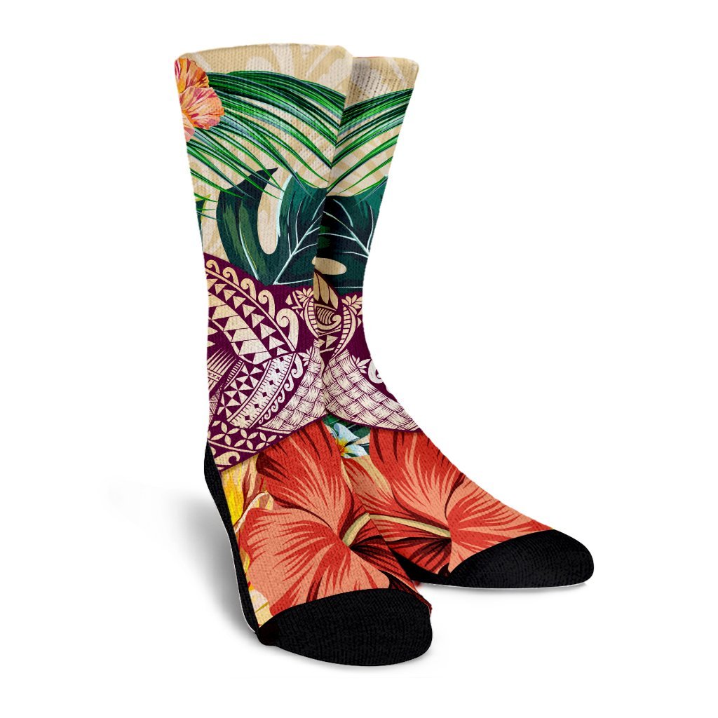 Hawaii Tropical Hibiscus Turtle Beige Crew Socks - AH - Polynesian Pride