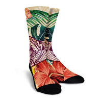 Hawaii Tropical Hibiscus Turtle Beige Crew Socks - AH - Polynesian Pride