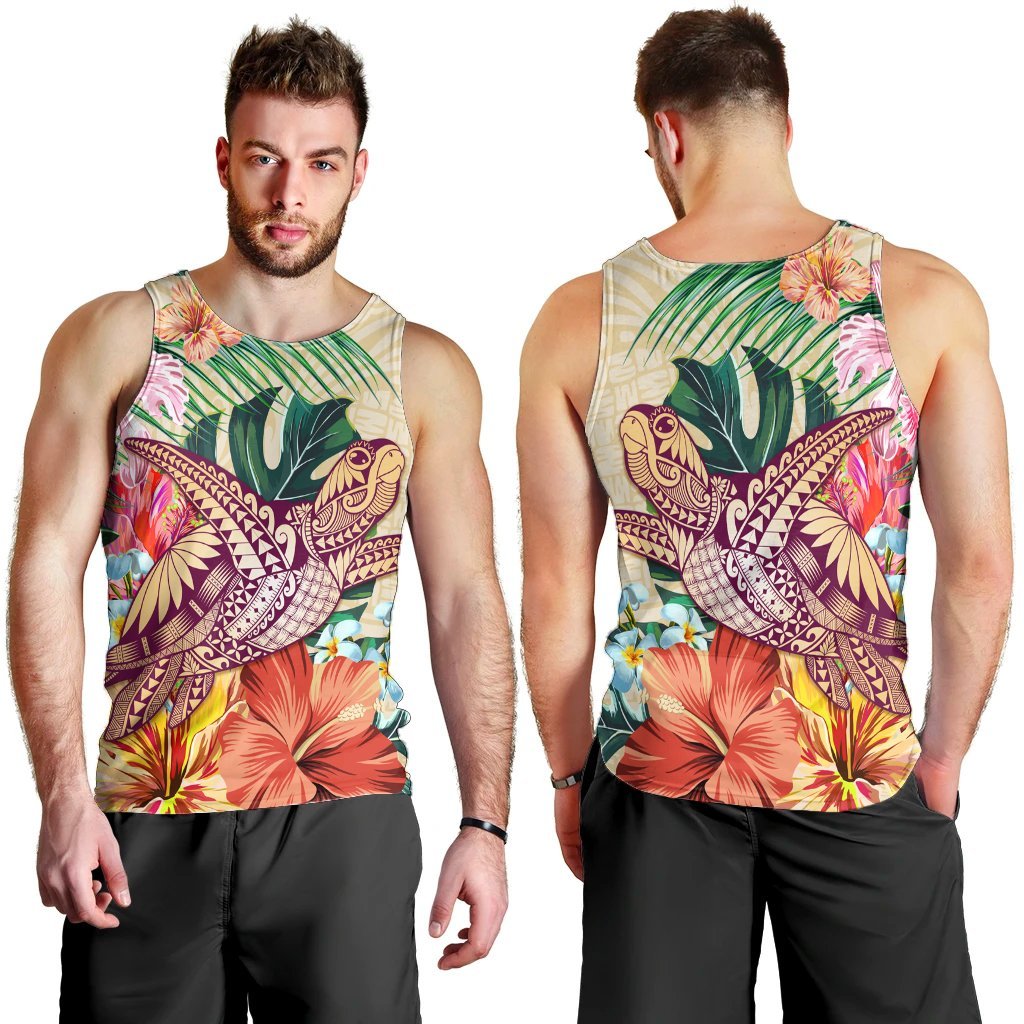 Hawaii Tropical Hibiscus Turtle Beige Tank Top - AH - Polynesian Pride