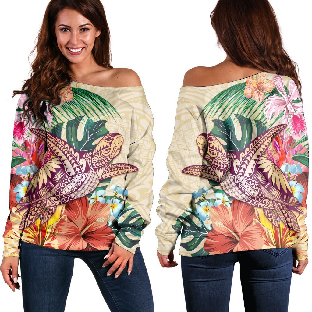 Hawaii Tropical Hibiscus Turtle Beige Women's Off Shoulder Sweater - AH Black - Polynesian Pride