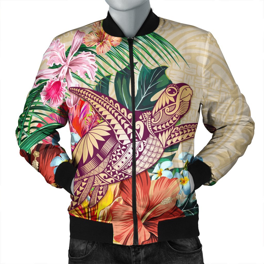 Hawaii Tropical Hibiscus Turtle Beige Bomber Jacket - AH Black Unisex - Polynesian Pride