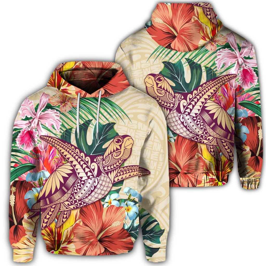 Hawaiian Tropical Hibiscus Turtle Beige Hoodie Unisex Art - Polynesian Pride