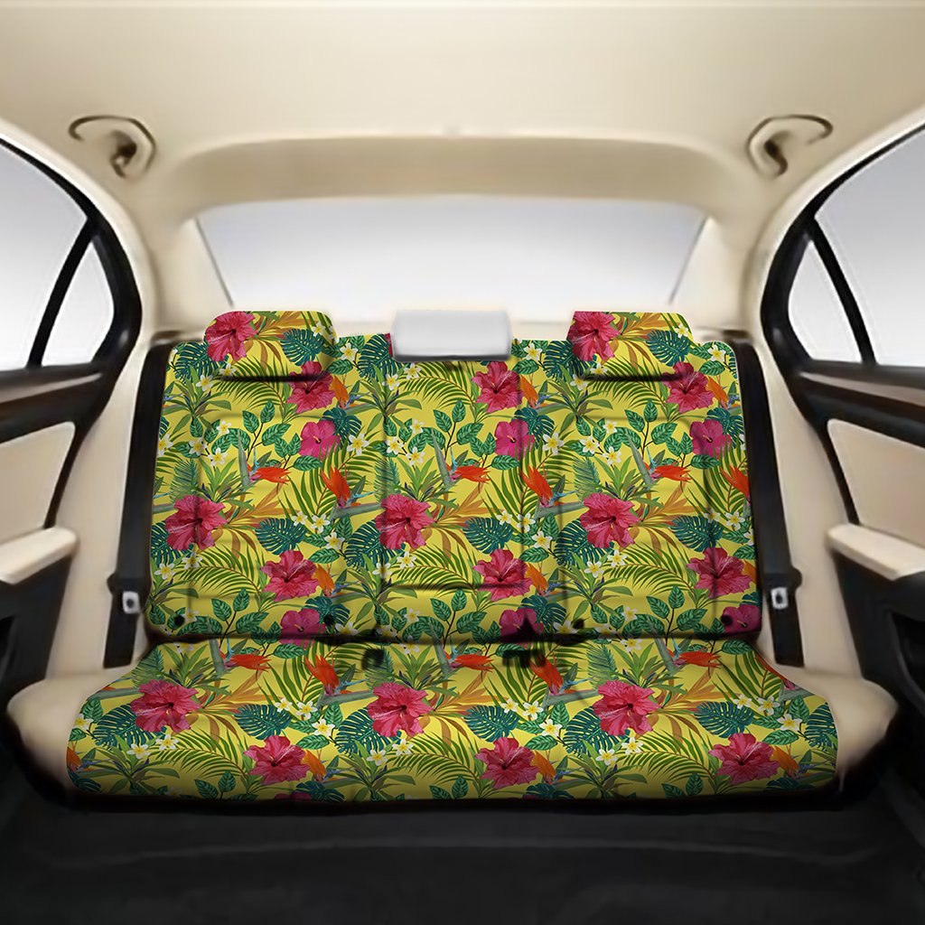 Hawaii Tropical Leaves And Flowers Back Seat Cover One Size Black Back Car Seat Covers - Polynesian Pride