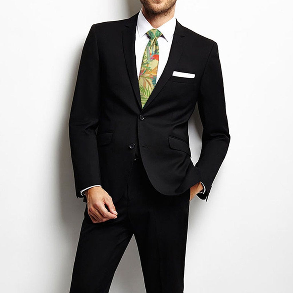 Hawaii Tropical Leaves And Flowers Necktie One Size Black Necktie - Polynesian Pride