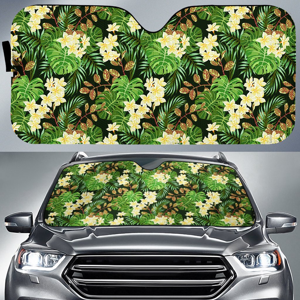 Hawaii Tropical Leaves And Plumeria Hawaii Car Sun Shade Auto Sun Shade Universal Fit White - Polynesian Pride