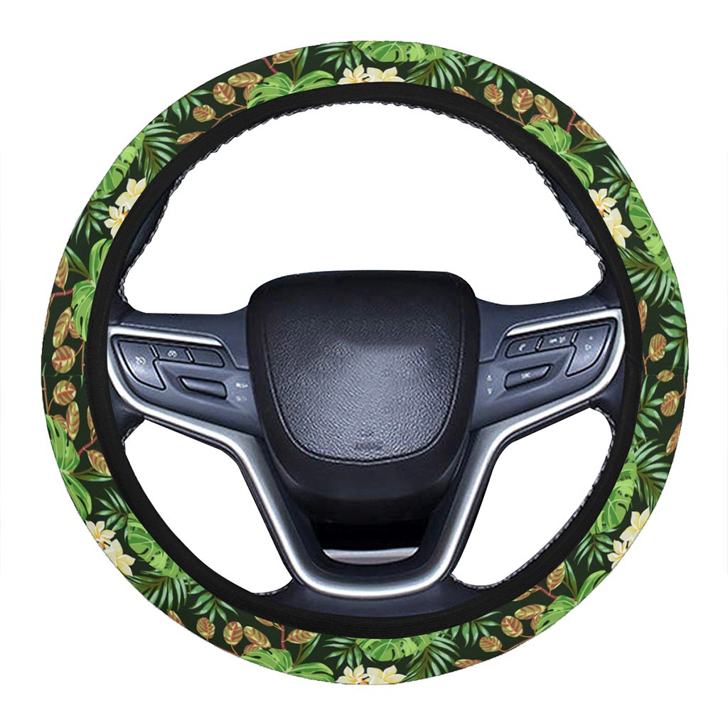 Hawaii Tropical Leaves And Plumeria Hawaii Universal Steering Wheel Cover with Elastic Edge One Size Blue Steering Wheel Cover - Polynesian Pride