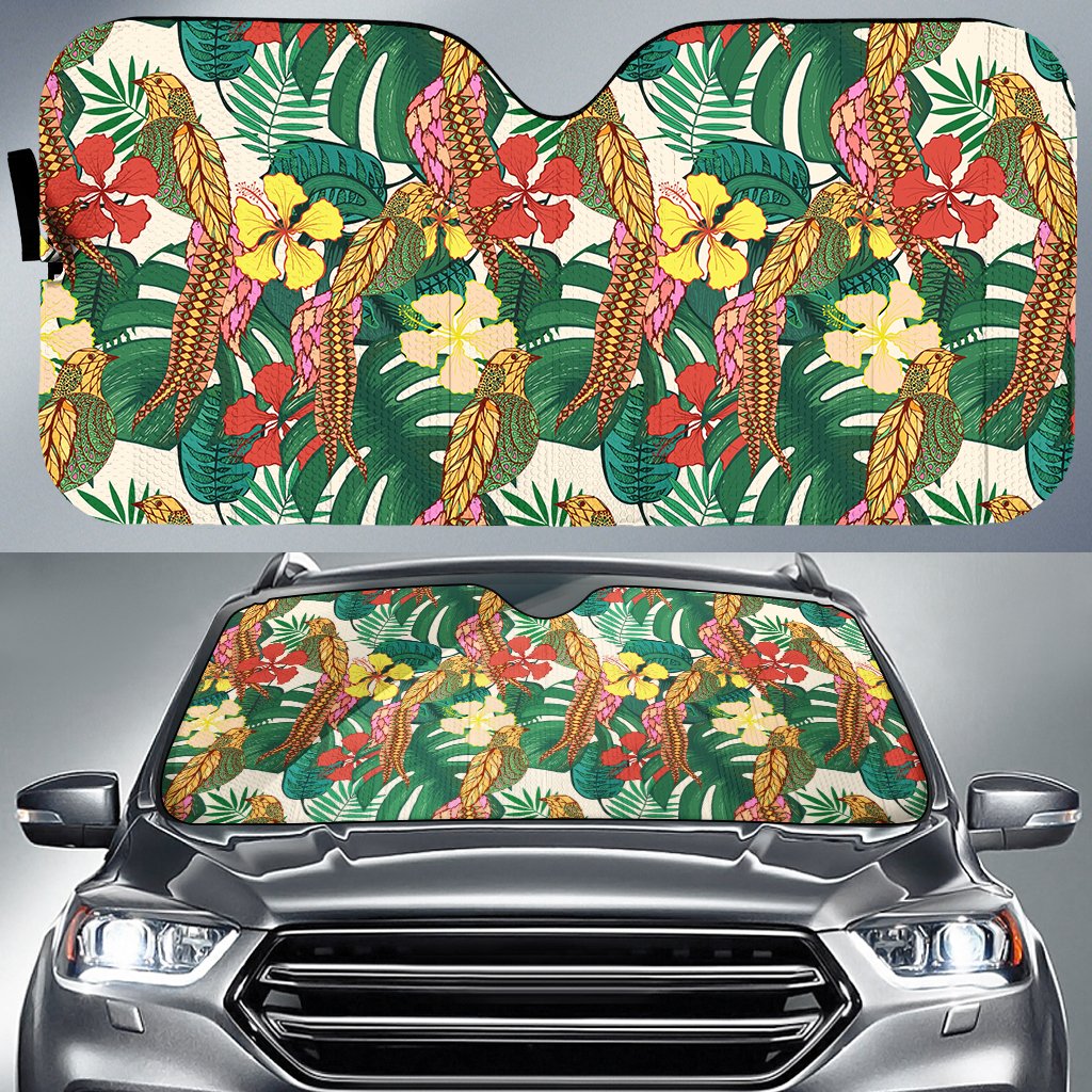 Hawaii Tropical Leaves Flowers And Birds Floral jungle Hawaii Car Sun Shade Auto Sun Shade Universal Fit White - Polynesian Pride