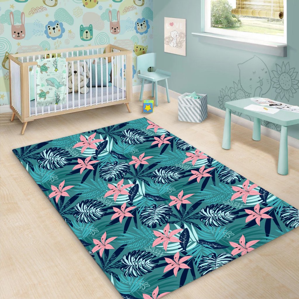 Hawaii Tropical Monstera Leaf Blue Area Rug - AH - Polynesian Pride