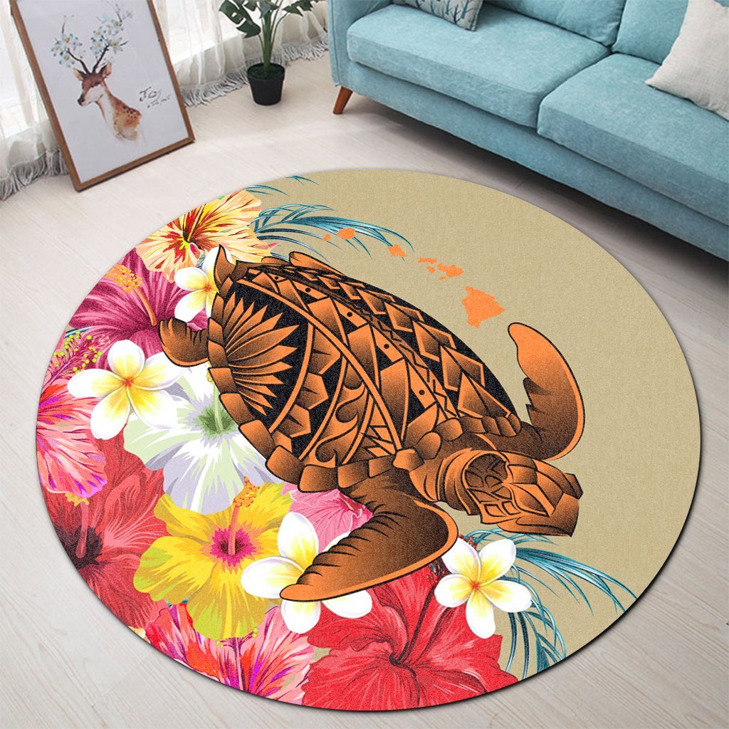 Hawaii Tropical Turtle Hibiscus And Plumeria Round Carpet - AH - Polynesian Pride